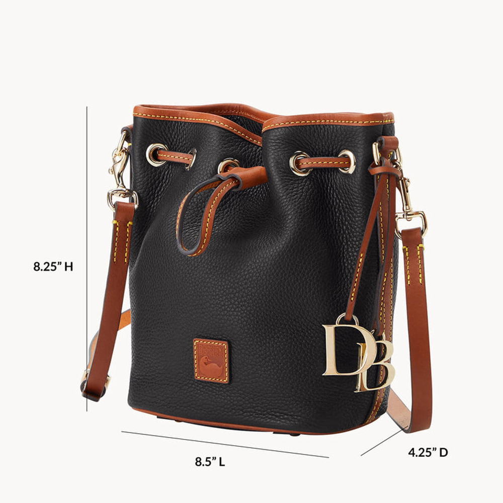 Dooney & Bourke Pebble Grain Small Drawstring Bag Black & Saddle Leather, NWOT - Picture 2 of 7